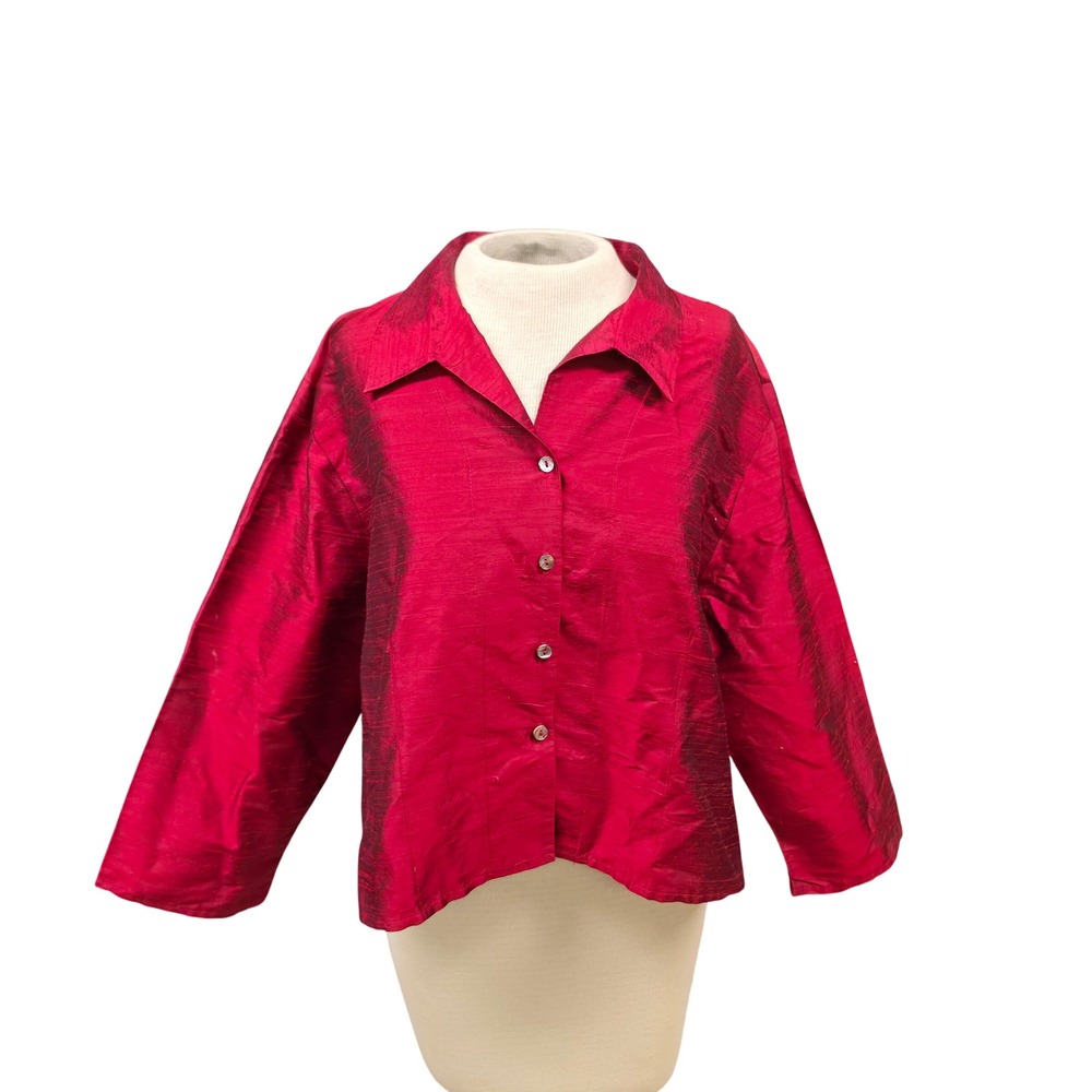 Lady's Image Silk Blouse Womens Medium Red Good Raw Silk Button Up Made in USA